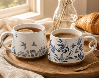 Juego de tazas de cerámica botánicas hechas a mano, tazas de té con estampado floral azul, tazas de café rústicas, vajilla inspirada en la naturaleza, regalo acogedor para ella.
