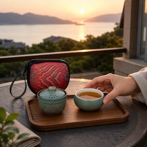 May include: A tea set on a wooden tray includes a small, round, turquoise tea cup and a matching tea pot with a lid. A red and gold patterned carrying case sits next to the tea set. The tea cup is filled with tea.