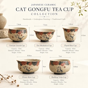以下が含まれることがあります： 日本の陶器製猫Gongfuティーカップのコレクション。各カップは、ベージュのベース、花のアクセント、猫のイラストが特徴で、ユニークな形状とデザインです。カップのサイズは異なり、最大口径は8.8cmです。