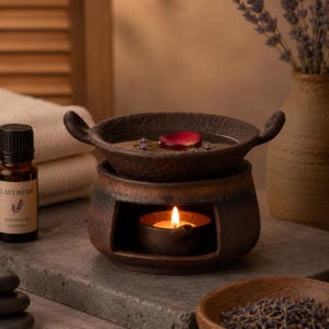 Puede incluir: Un quemador de aceite de cer&aacute;mica marr&oacute;n oscuro con acabado texturizado, que presenta un cuenco superior lleno de agua, un p&eacute;talo de rosa roja y una vela de t&eacute; encendida en la base. A la izquierda hay una peque&ntilde;a botella de vidrio &aacute;mbar con la etiqueta Lavender.
