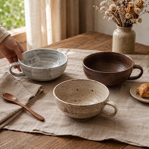 May include: Three ceramic soup bowls with handles in shades of gray, brown, and beige sit on a wooden table. A wooden spoon and a folded linen napkin are next to the gray bowl. A small plate with a croissant is on the right.