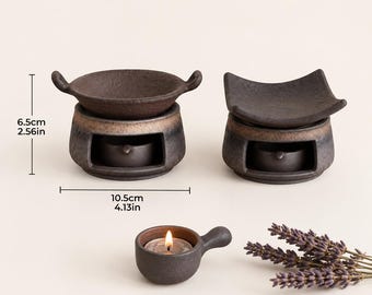 Handcrafted Japanese Ceramic Tea Leaf & Oil Diffuser, Brown Black Candle Warmer, Roast Style Aroma Burner, Relaxation Gift