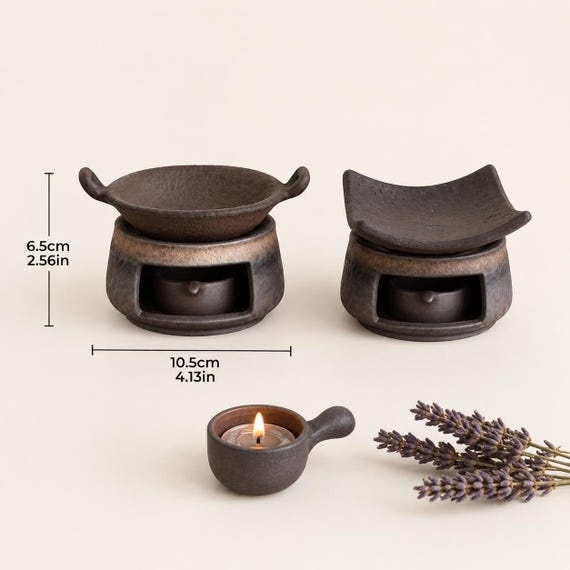 Handcrafted Japanese Ceramic Tea Leaf & Oil Diffuser, Brown Black Candle Warmer, Roast Style Aroma Burner, Relaxation Gift