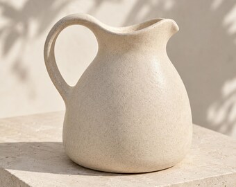 May include: A cream-colored ceramic pitcher with a speckled texture, a rounded body, and a curved handle. The pitcher features a wide, open spout and a smooth, matte finish, showcasing a simple, functional design with a consistent light tone.