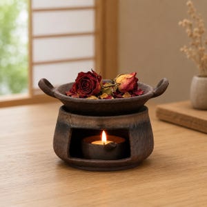 Puede incluir: Un quemador de aceite de cer&aacute;mica marr&oacute;n oscuro con dos peque&ntilde;as asas laterales y un cuenco superior ancho. El cuenco est&aacute; lleno de p&eacute;talos de rosa secos rojos y amarillos. Una vela de t&eacute; con una llama naranja brilla en la abertura.