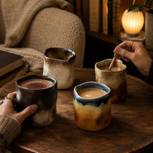Könnte beinhalten: Vier Keramikbecher mit unregelmäßigen, organischen Formen und strukturierten Oberflächen. Ein Becher ist dunkelbraun, einer cremefarben mit braunen Sprenkeln, einer hellbraun mit blauem Rand und einer hellbraun, alle gefüllt mit warmen Getränken.
