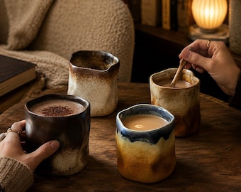 May include: Four ceramic mugs with irregular, organic shapes and textured finishes. One mug is dark brown, one is cream with brown speckles, one is tan with a blue rim, and one is light brown. Each mug contains a warm beverage, some with foam.