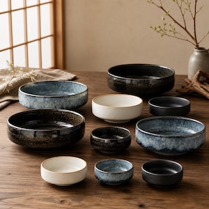 Handgjord japansk keramikskål, bred öppning med texturerad glasyr, minimalistisk soppskål och salladsskål, japansk hantverksdekor