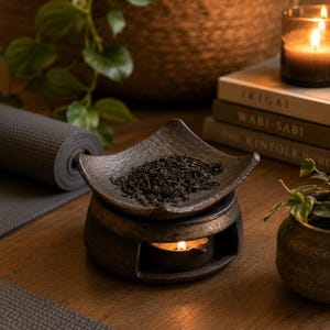 Puede incluir: Un quemador de aceite de cer&aacute;mica marr&oacute;n oscuro con un plato cuadrado texturizado que contiene hojas de t&eacute; sueltas. La base tiene una abertura circular con una peque&ntilde;a vela encendida, proyectando un brillo c&aacute;lido desde el recipiente r&uacute;stico.