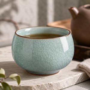 汝窯青磁貫入茶碗、手作り氷割れ釉薬工夫茶碗、中国陶磁器茶碗、ミニマリスト茶ギフト
