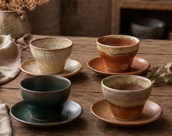 May include: Four ceramic tea cups and matching saucers in varied earth tones. One cup is speckled cream, one is deep green, and two feature rust-orange and beige gradients. Each piece has a textured, matte finish and a flared, wide-rimmed shape.