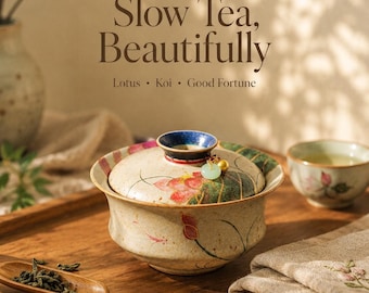 May include: A ceramic tea bowl with a lid, featuring a speckled beige finish and painted lotus motifs. The lid has a blue rim and a small jade-colored bead charm. Text reads: Slow Tea, Beautifully. Lotus • Koi • Good Fortune.