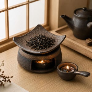 Puede incluir: Un calentador de t&eacute; de cer&aacute;mica marr&oacute;n oscuro con una parte superior cuadrada texturizada que contiene hojas de t&eacute; sueltas. La base tiene una abertura arqueada con una vela encendida. Un peque&ntilde;o cuenco de cer&aacute;mica a juego con asa y vela est&aacute; al lado.