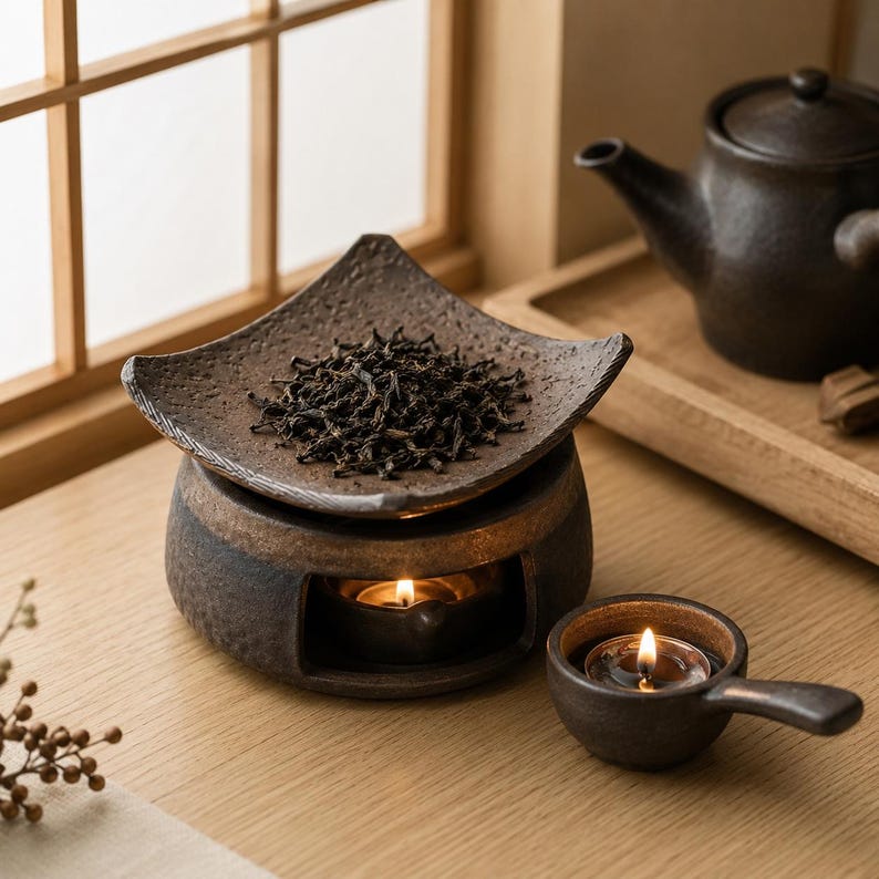 Puede incluir: Un calentador de t&eacute; de cer&aacute;mica marr&oacute;n oscuro con una parte superior cuadrada texturizada que contiene hojas de t&eacute; sueltas. La base tiene una abertura arqueada con una vela encendida. Un peque&ntilde;o cuenco de cer&aacute;mica a juego con asa y vela est&aacute; al lado.