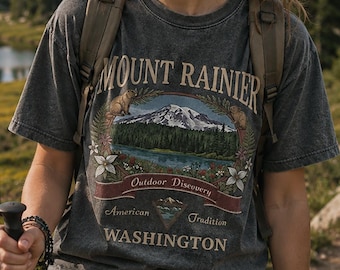 Mount Rainier National Park Vintage T-Shirt, Retro Crest Marmot Graphic Washed Grey Tee