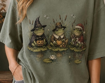 Hallothankmas Frog Shirt, Halloween Thanksgiving Christmas Frog Tee, Funny Holiday Frog Graphic Shirt, Cottagecore Amphibian Gift