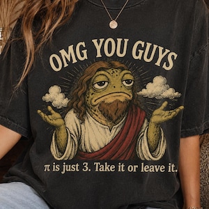 May include: A charcoal gray short-sleeve t-shirt featuring a graphic of a frog with long hair and a beard, wearing a robe. The text reads OMG YOU GUYS and pi is just 3. Take it or leave it. The frog has its hands raised in a shrug gesture.