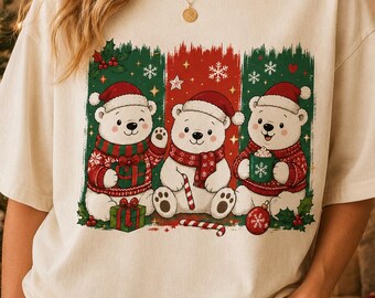 Polar Bear Christmas Shirt, Cute Xmas Bear Graphic Tee, Santa Hat Polar Bear Shirt, Cozy Holiday Wildlife Gift, Winter Bear T-shirt