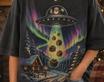 Santa UFO Christmas Shirt, Alien Santa Flying Saucer Tee, Northern Lights Christmas Graphic Shirt, Funny Sci Fi Holiday Gift