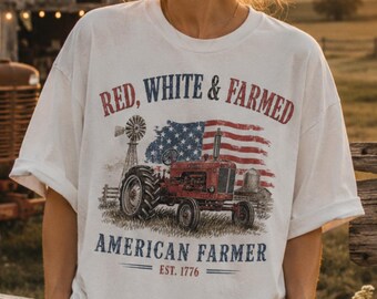 Red White and Farmed Graphic T-Shirt, Patriotic Tractor Cotton Tee, American Farmer 4th of July Shirt
