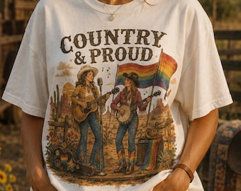Country And Proud T-Shirt, Lesbian Cowgirl Cotton Tee, Retro Western Sapphic Music Shirt