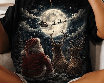 Santa and Reindeer Christmas Shirt, Full Moon Christmas Sweatshirt, Vintage Santa Sleigh Tee, Reindeer Lover Holiday Shirt, Winter Xmas Gift