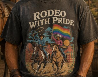 Rodeo With Pride T-Shirt, Western Gay Cowboy Cotton Tee, Retro MLM Graphic Shirt