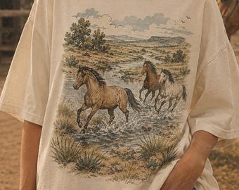Wild Horses River T-Shirt, Vintage Western Landscape Cotton Tee, Retro Mustang Nature Cowgirl Shirt