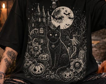 Black Cat Halloween T-Shirt, Gothic Haunted House Graphic Tee