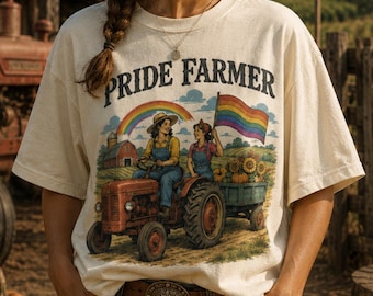 Pride Farmer T-Shirt, Lesbian Sapphic Cotton Tee, Retro Farm Couple Graphic Shirt