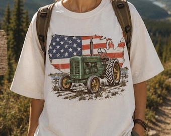 Patriotic Tractor Graphic T-Shirt, Vintage American Flag Cotton Tee, Farm Life 4th of July Shirt