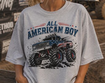 All American Boy Graphic T-Shirt, Patriotic Monster Truck Cotton Tee, 4th of July USA Flag Shirt