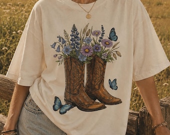 Cowgirl Boots Wildflower T-Shirt, Texas Bluebonnet Cotton Tee, Vintage Western Floral Country Shirt