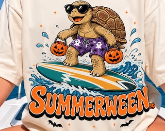 Summerween Surfing Turtle T-Shirt, Funny Retro Halloween Beach Graphic