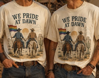 We Pride At Dawn Cowboy T-Shirt, Western Gay Couple Cotton Tee, Retro MLM Graphic Shirt