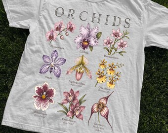 Orchid Species Guide T-Shirt, Vintage Botanical Illustration Flower Cotton Tee