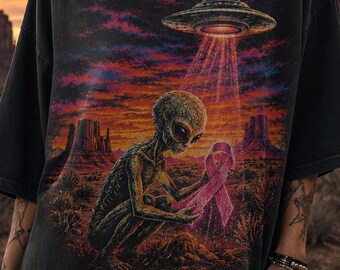 Breast Cancer Awareness Alien Shirt, Pink Ribbon UFO Graphic Tee, Retro Space Cancer Support Shirt, October Awareness Gift