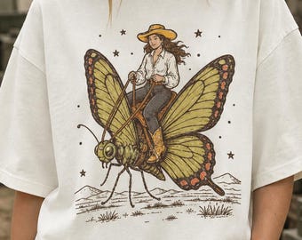 Butterfly Cowgirl Shirt, Western Bug Rider, Whimsical Desert Country Girl Vintage Design