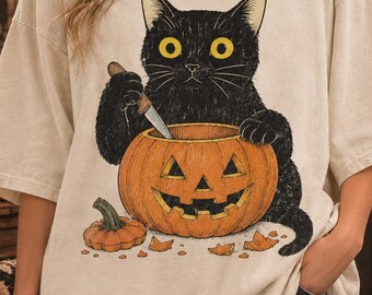 Black Cat Pumpkin Shirt, Halloween Cat Graphic Tee, Jack O Lantern Kitty Shirt, Spooky Season Cat Lover Gift, Vintage Halloween Tee