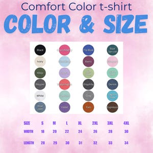 Op de afbeelding: Een grafiek met een Comfort Color t-shirt kleuren- en maattabel. De tabel toont verschillende kleuren zoals zwart, ivoor en mosgroen, samen met maatopties van S tot 4XL. Breedtes vari&euml;ren van 45.7 tot 76.2 cm en lengtes van 71.1 tot 86.4 cm.