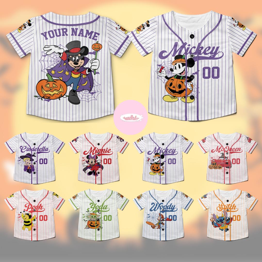 Personalized All Characters Disney Halloween Baseball Jersey, Mickey's Not So Scary Halloween Party 2025 Mickey and Friends Kids Youth Adult