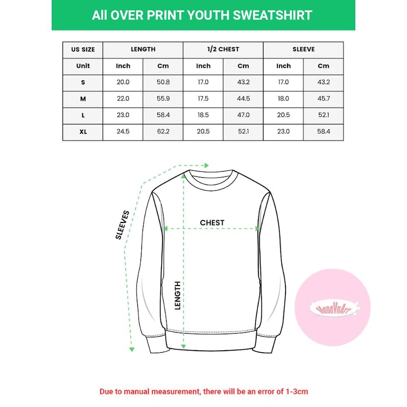 May include: Diagram of a youth sweatshirt with measurements in inches and centimeters. The diagram shows the length, chest, and sleeve measurements for sizes S, M, L, and XL. The text "All OVER PRINT YOUTH SWEATSHIRT" is at the top.