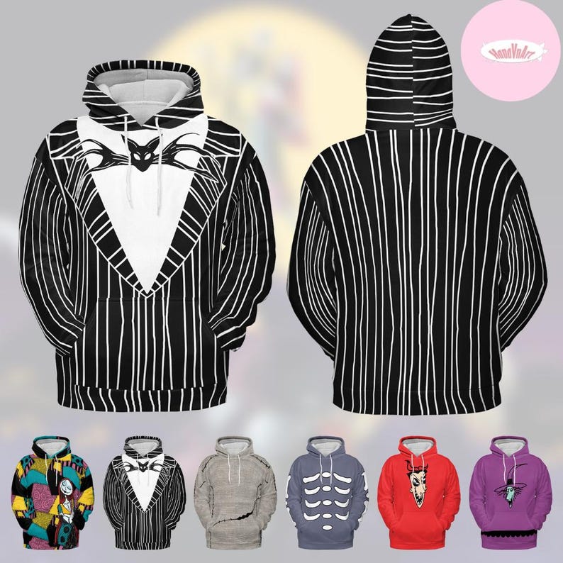 May include: Black and white striped hoodie with a white collar and a bat-like design. The hoodie has a front pocket and a hood. Additional hoodies with different designs are displayed below.