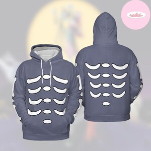 May include: A gray hoodie with a white skeleton rib cage design on the front and back. The hoodie has a hood with white drawstrings and a front pocket. The skeleton design is a Halloween or costume theme.