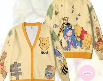 Personalized Disney Winnie the Pooh Cardigan, Pooh Bear and Friends All-over Print Knitted Cardigan, Family Vacation 2026, Disney Girl Trip