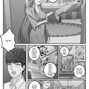 Puede incluir: Panel de cómic manga en blanco y negro. Una mujer con cabello largo gesticula hacia una gran escalera. Las burbujas de diálogo contienen texto como "Come in" y "Huh ??!". Otros paneles muestran escenas interiores.