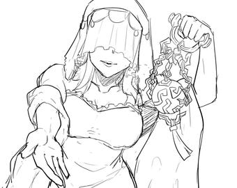 Desenho digital personalizado em preto e branco de personagem de anime.