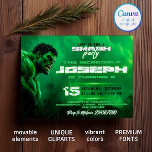 Printable Boy Birthday Invitation, superhero birthday invite, incredible hulk editable invitation, avengers birthday party
