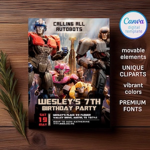Transformers One Party Evite, printable Rescue Bots Birthday invitation, Optimus Prime invite, Autobots Party invitation, Bumblebee invite
