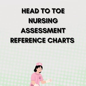 May include: Illustration of a nurse in a pink uniform attending to a patient on a blue bed. The image includes the text "HEAD TO TOE NURSING ASSESSMENT REFERENCE CHARTS" in bold, black letters. The background is light green with white dots.